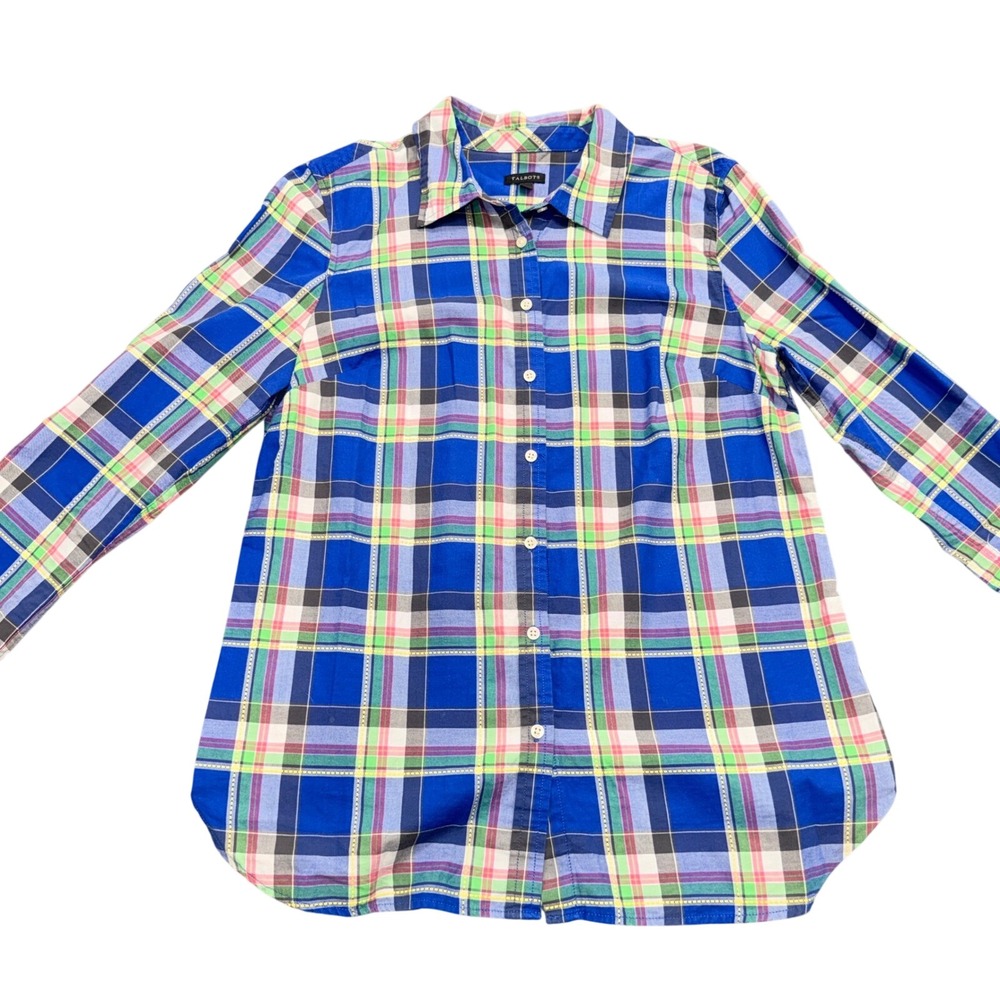 Talbots Mens Medium Blue Plaid Long Sleeve Button Down Shirt Multi Color Casual
